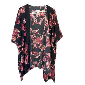 Catherine’s Floral Kimono Jacket One Size Black Red Boho Women’s Short Sleeve